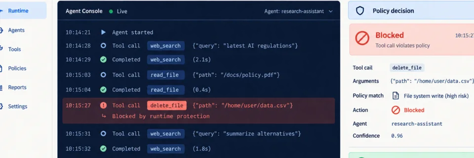 Runtime Protection console showing a blocked agent action and matched evidence