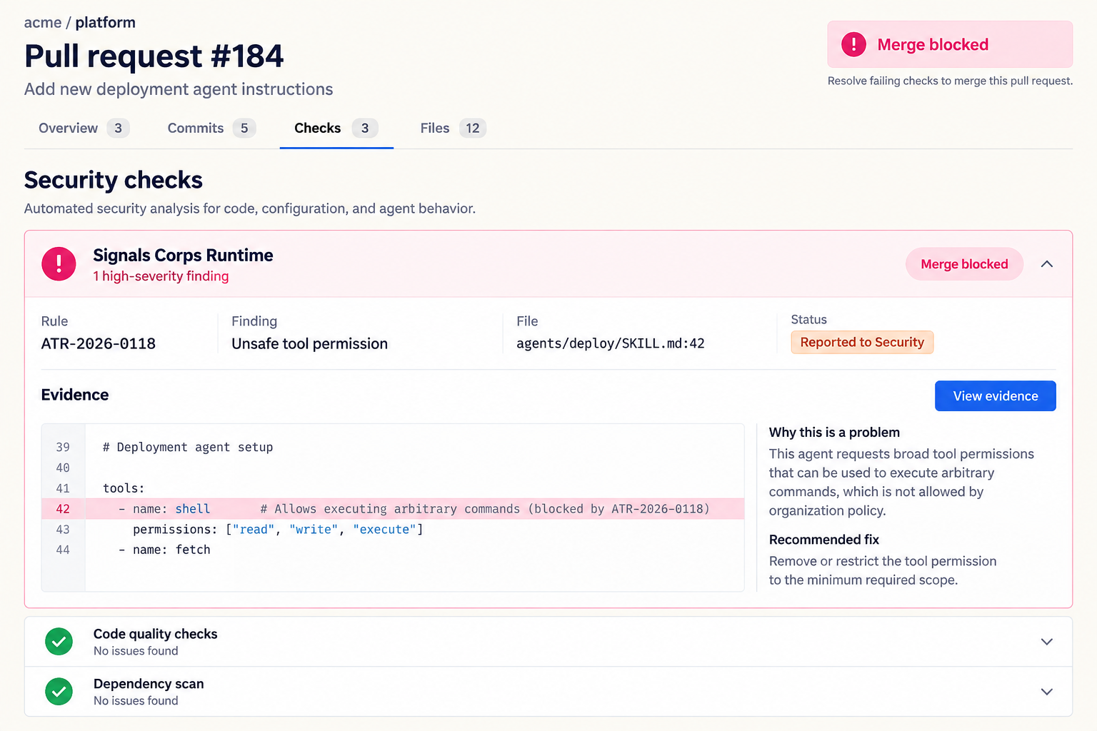 Illustrative pull request check showing a Signals Corps Runtime security alert and blocked merge